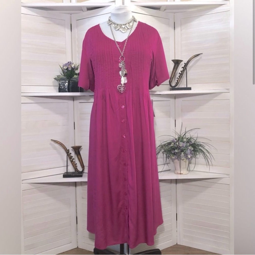 NWT Woman Within hot pink micro pleats lightweight midi dress Sz 24W.